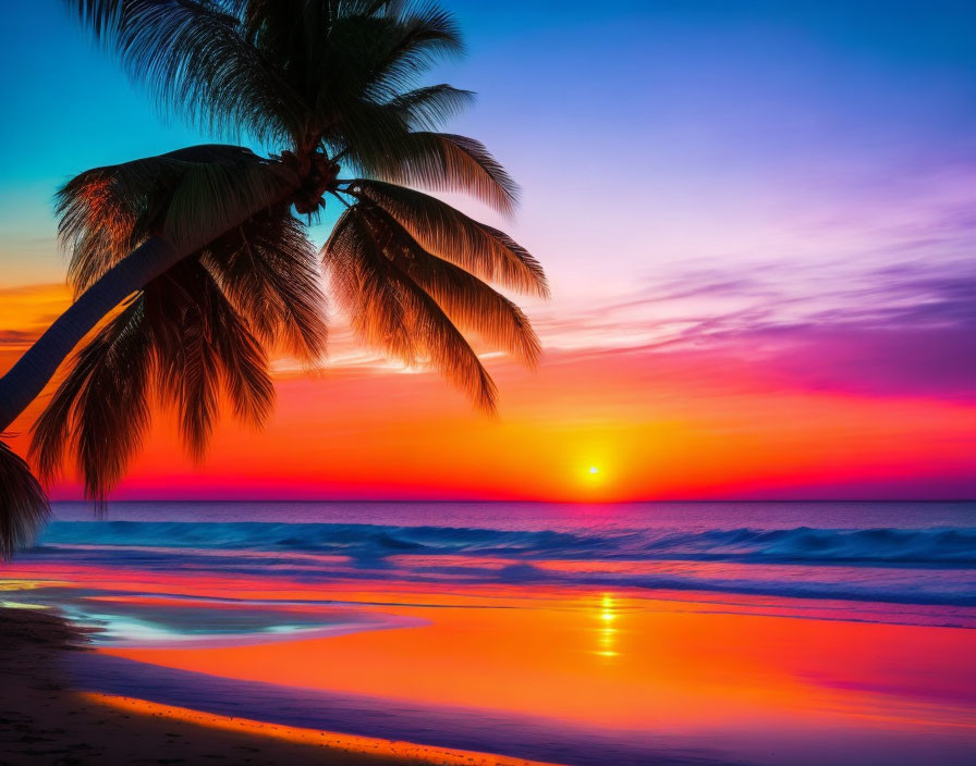 Colorful Beach Sunset with Silhouetted Palm Tree and Shimmering Ocean Waves