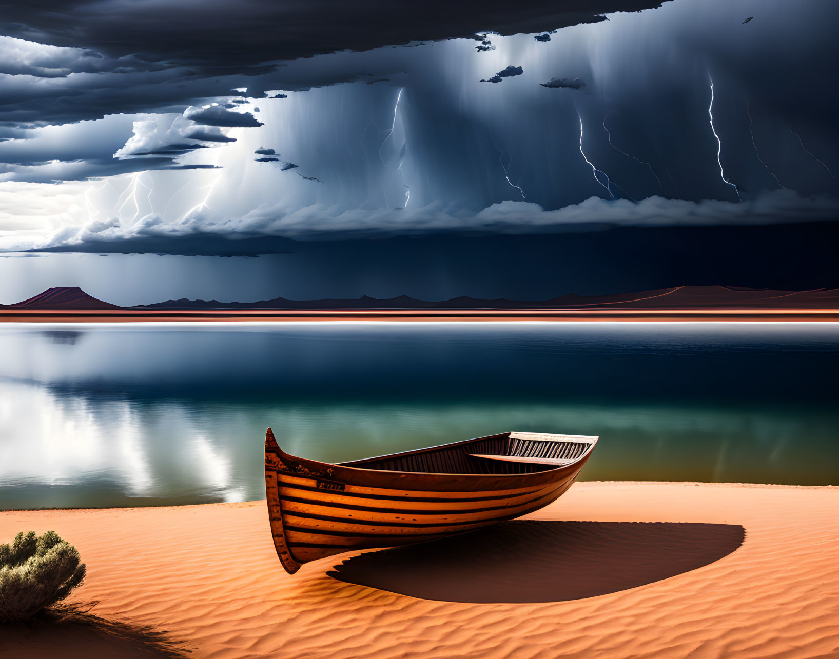 Lone Wooden Boat on Sandy Shore Under Lightning Storm