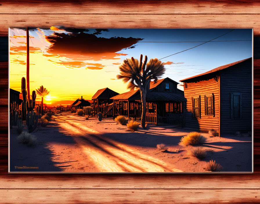 Deserted Western ghost town at sunset with wooden structures and cacti