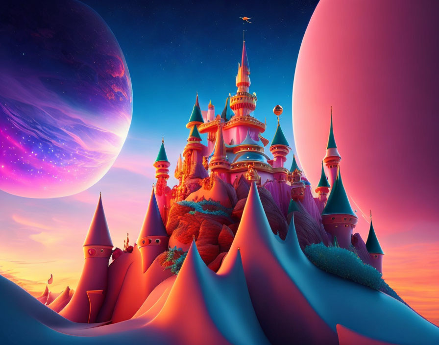 Colorful spired fantasy castle on mountain under large moon and pink planet in surreal sky