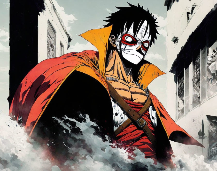 Anime character in red cape and mask wading through water in ruined city