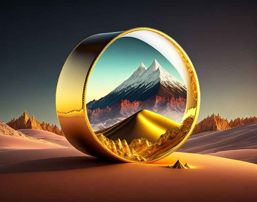 Surreal snowy mountains in golden spherical portal amid desert dunes