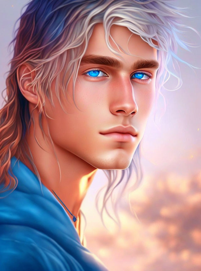 Digital artwork: Man with blue eyes, wavy blue-white hair, surreal warm background