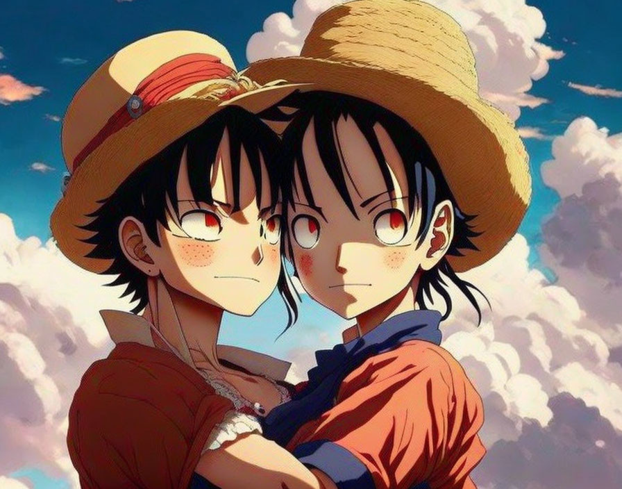 Anime characters in straw hats under cloudy sky