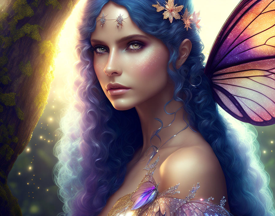 Fantasy digital art: Female figure with blue hair, butterfly wings, floral ornaments