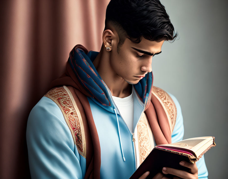 Stylish young man reading book in blue hoodie with ornate sleeves