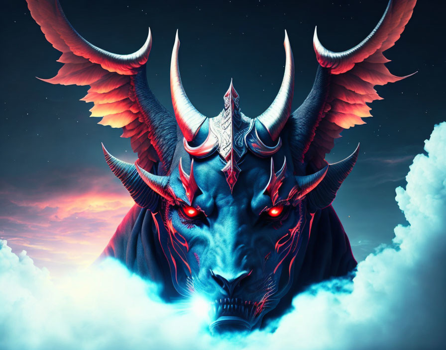 Mythical creature with red eyes, large horns, and wings in dramatic sky