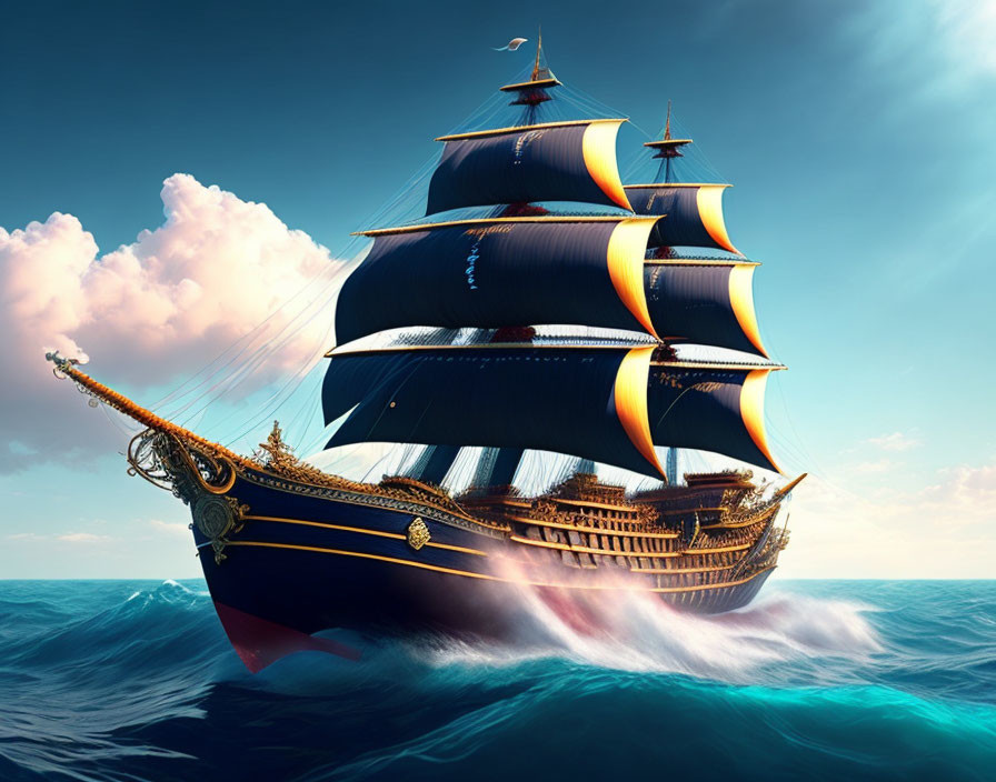 Majestic tall ship with black sails on vibrant blue ocean