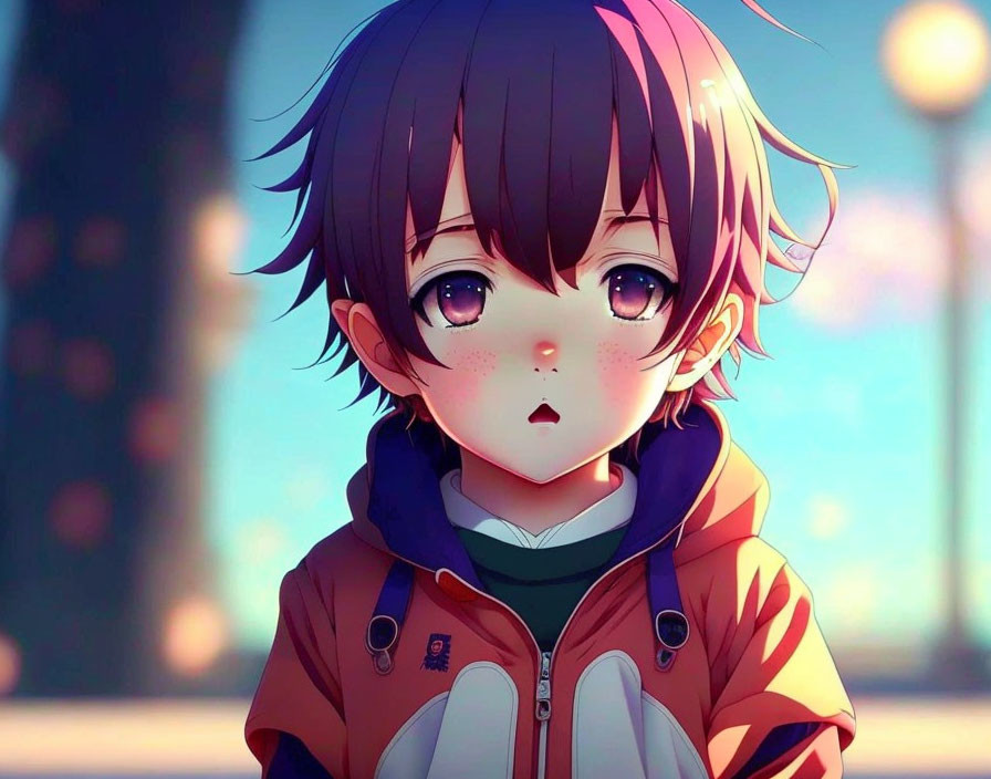 Child with expressive eyes in anime style, orange jacket, bokeh background