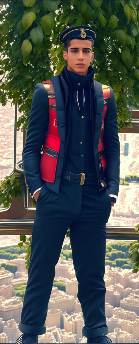 Person in Navy Blue Formal Uniform with Cap and Backpack Against Cityscape and Green Foliage