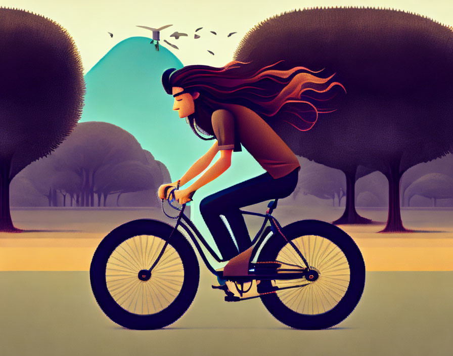 Illustration of woman on bicycle in park with flowing hair