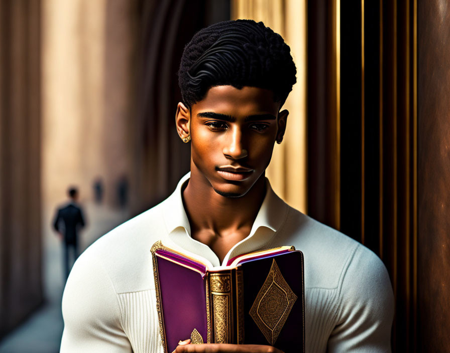 Stylized man portrait with wavy hair and ornate book in classical setting