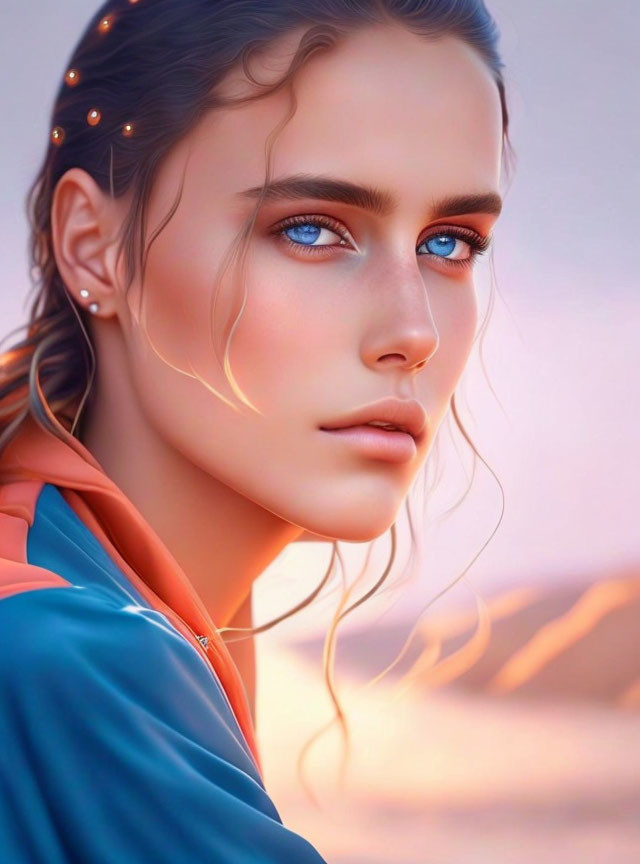 Female digital artwork: blue-eyed, fair-skinned, orange jacket, warm glowing accents