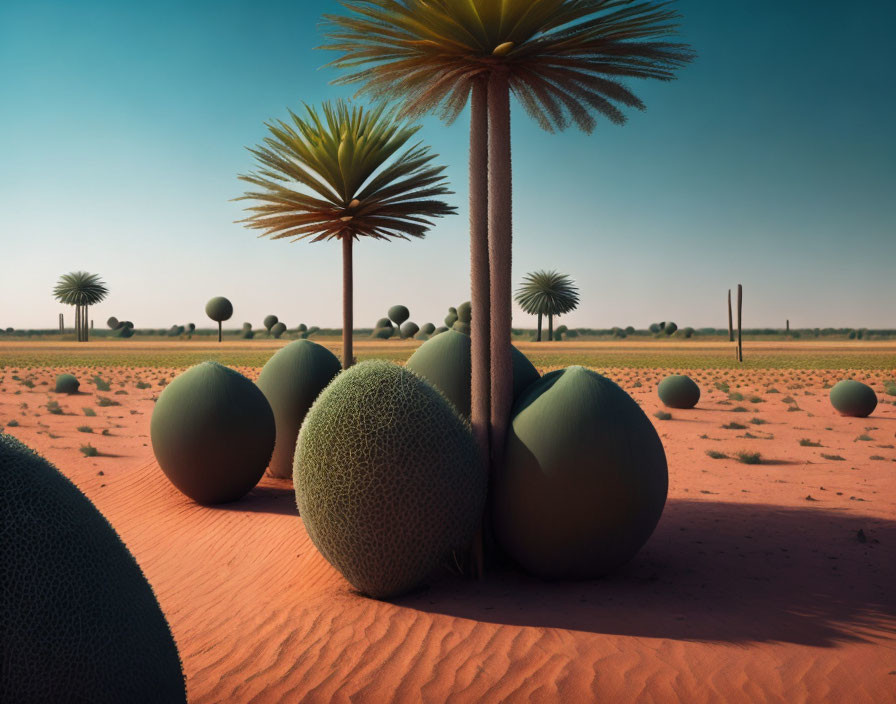 Surreal desert landscape with textured objects and palm trees under a blue sky