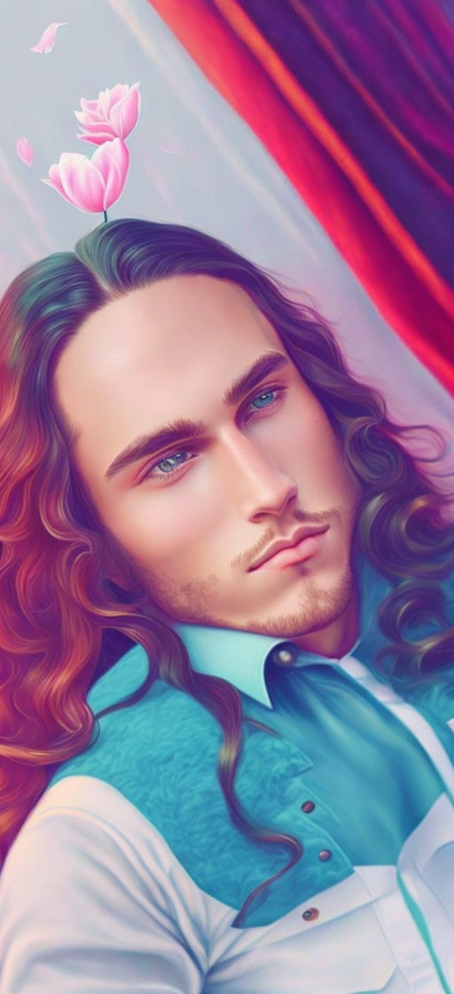 Portrait of a man with long wavy hair and blue eyes in a pensive expression