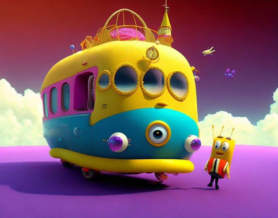 Colorful 3D animated scene: Yellow and blue flying bus with pencil-like character