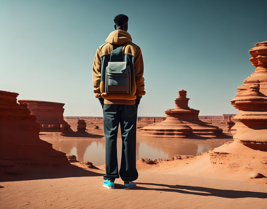 Backpacker in desert landscape with sandstone formations