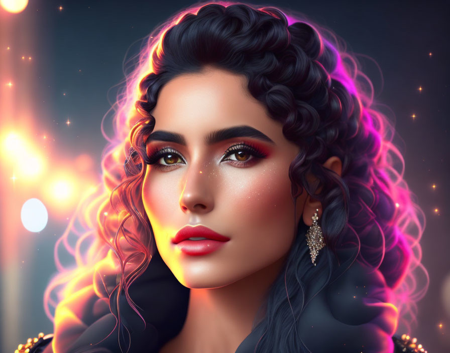 Dark-haired woman with glowing makeup in digital artwork