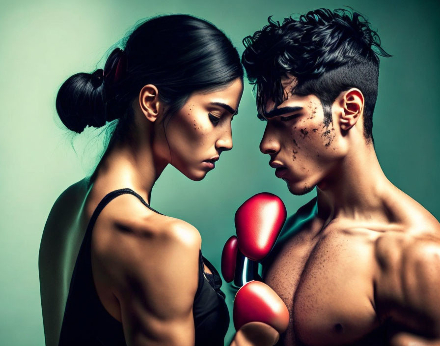 Stylized portrait of woman and man with boxing gloves showcasing contrasting strengths and vulnerabilities