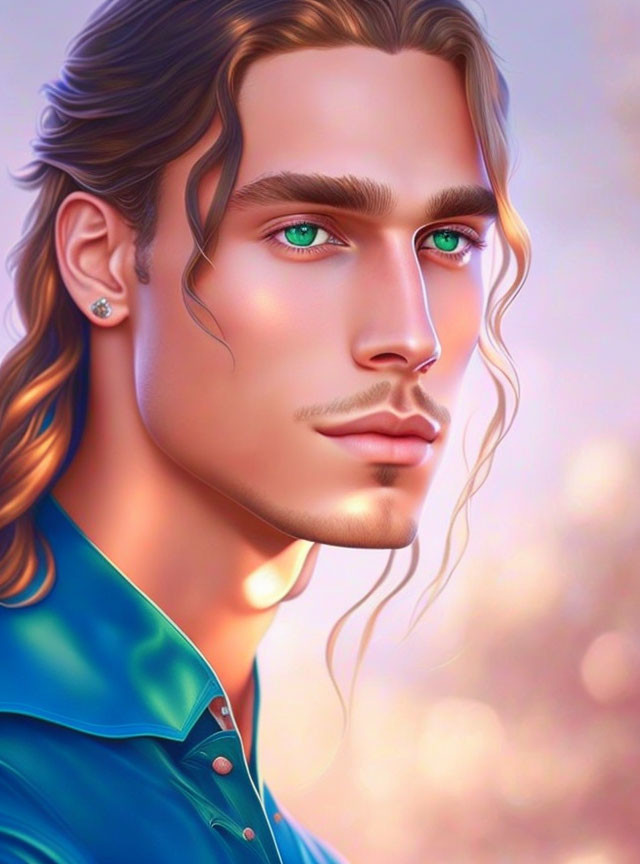 Man with long wavy brown hair and green eyes in blue shirt illustration