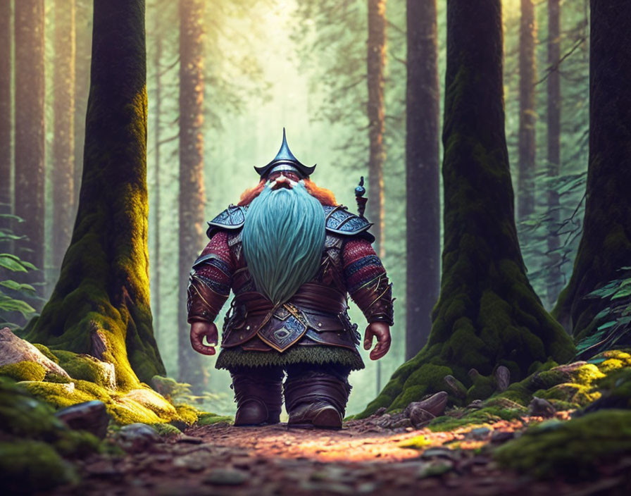 Dwarf warrior in elaborate armor in sunlit forest