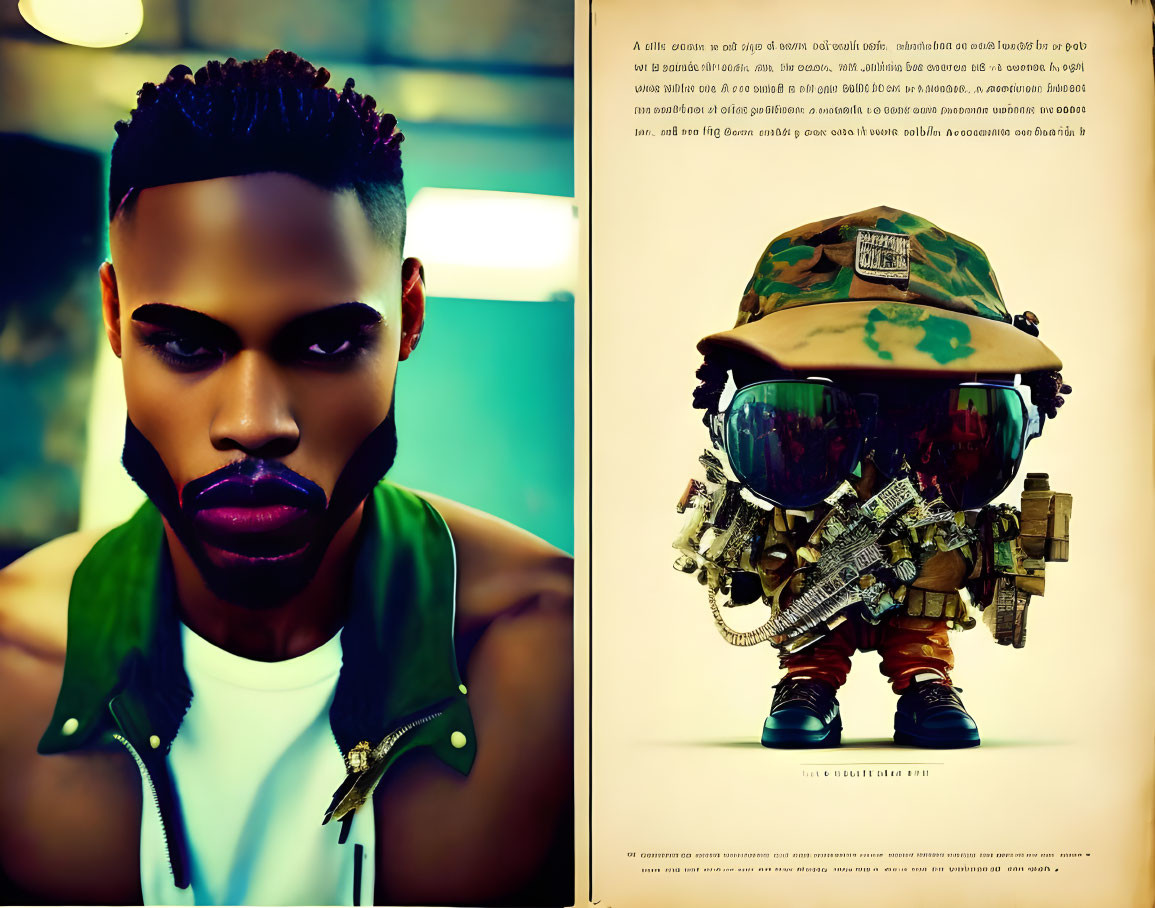 Stylized haircut man in green leather jacket with military helmet and gear montage