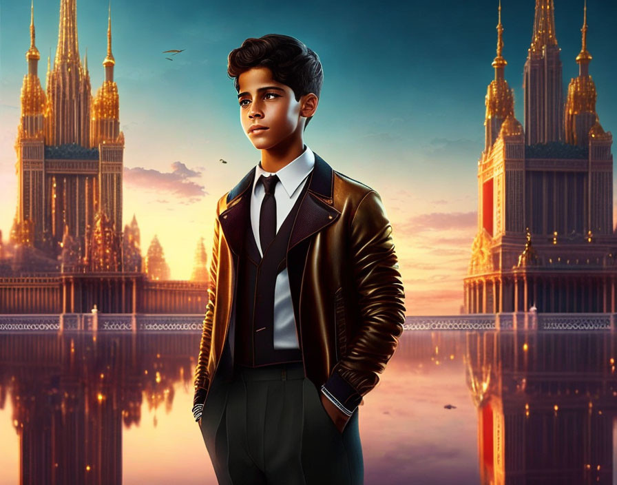 Stylish young boy in leather jacket with fantasy cityscape at sunset