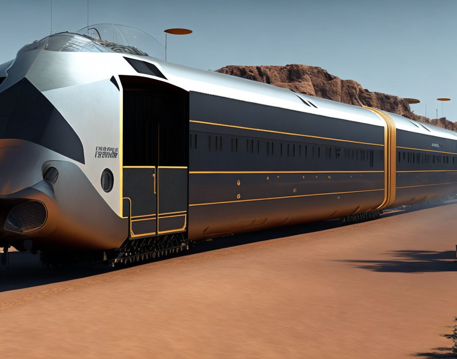 Sleek futuristic train at station in arid landscape