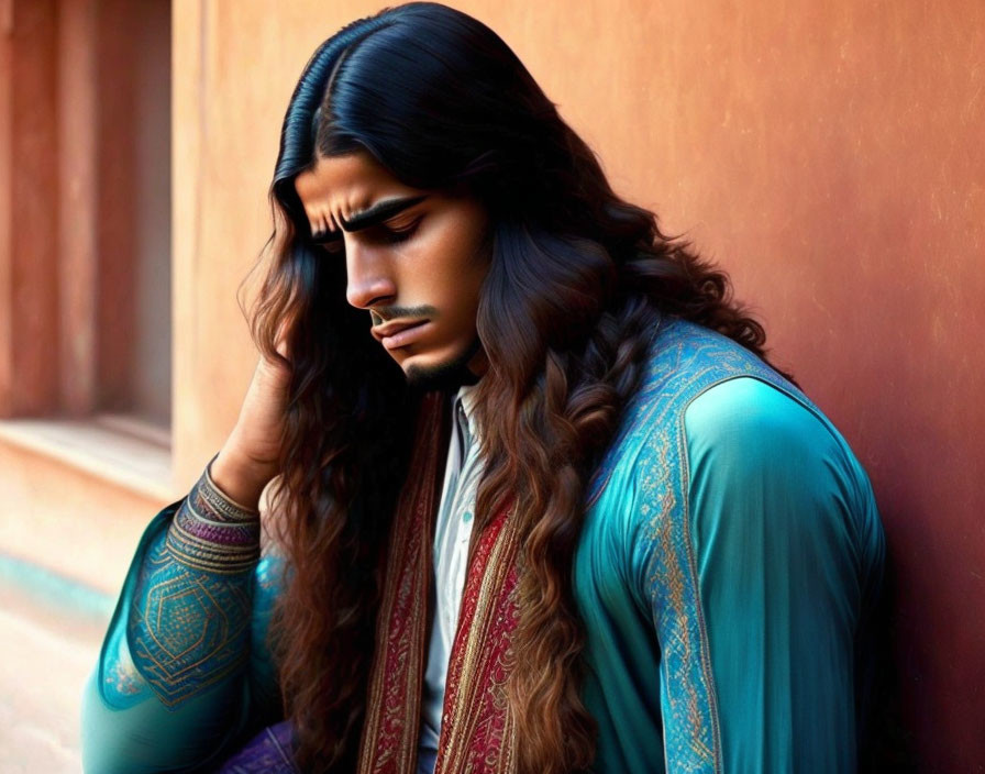 Long-haired man in embroidered shirt sitting by wall