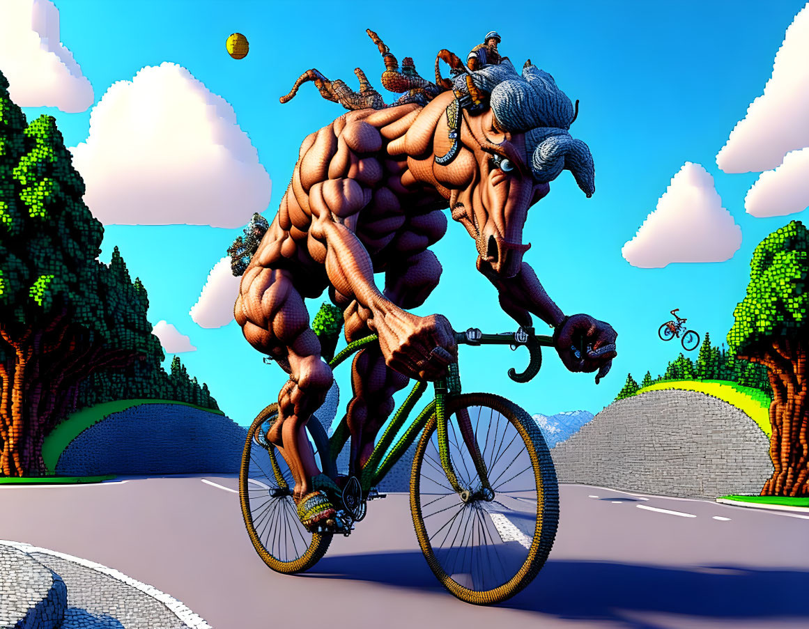 Muscular bull on bicycle with cyclist in background under blue sky