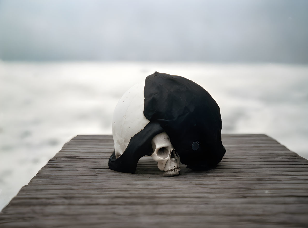 Human skull partially covered with black cloth on wooden jetty, white cloudy background