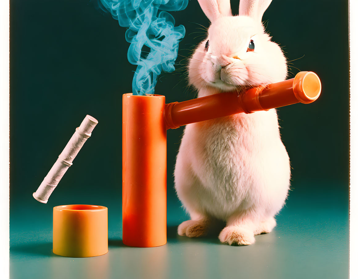 White Rabbit with Smoking Pipe and Paper on Teal Background