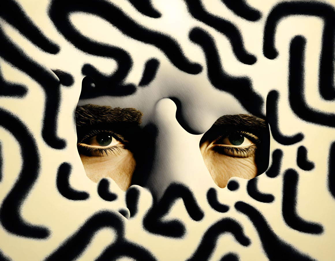 Surreal black and white jigsaw puzzle image with human eyes