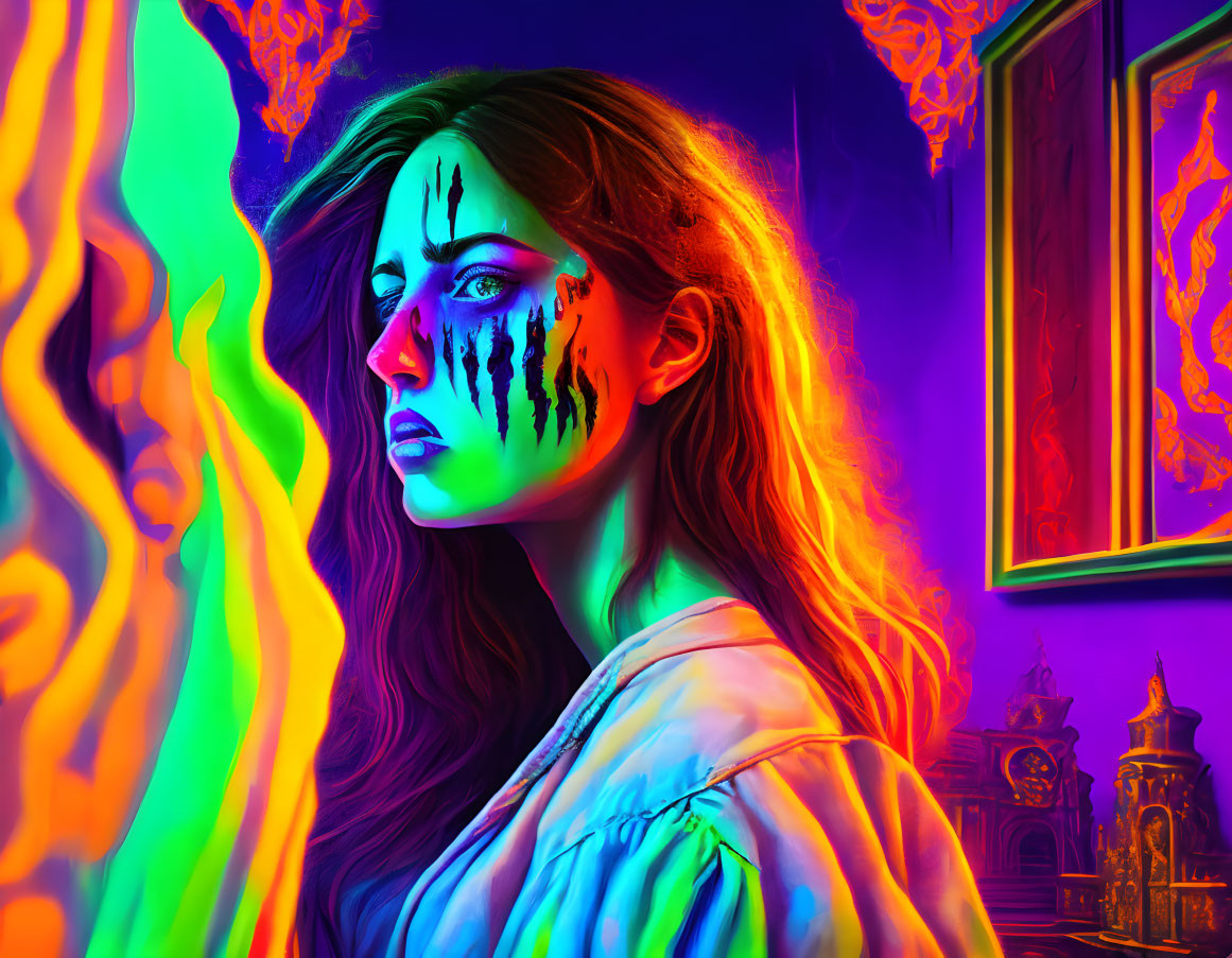 Colorful Neon Portrait of Woman with Vibrant Streaks and Flames