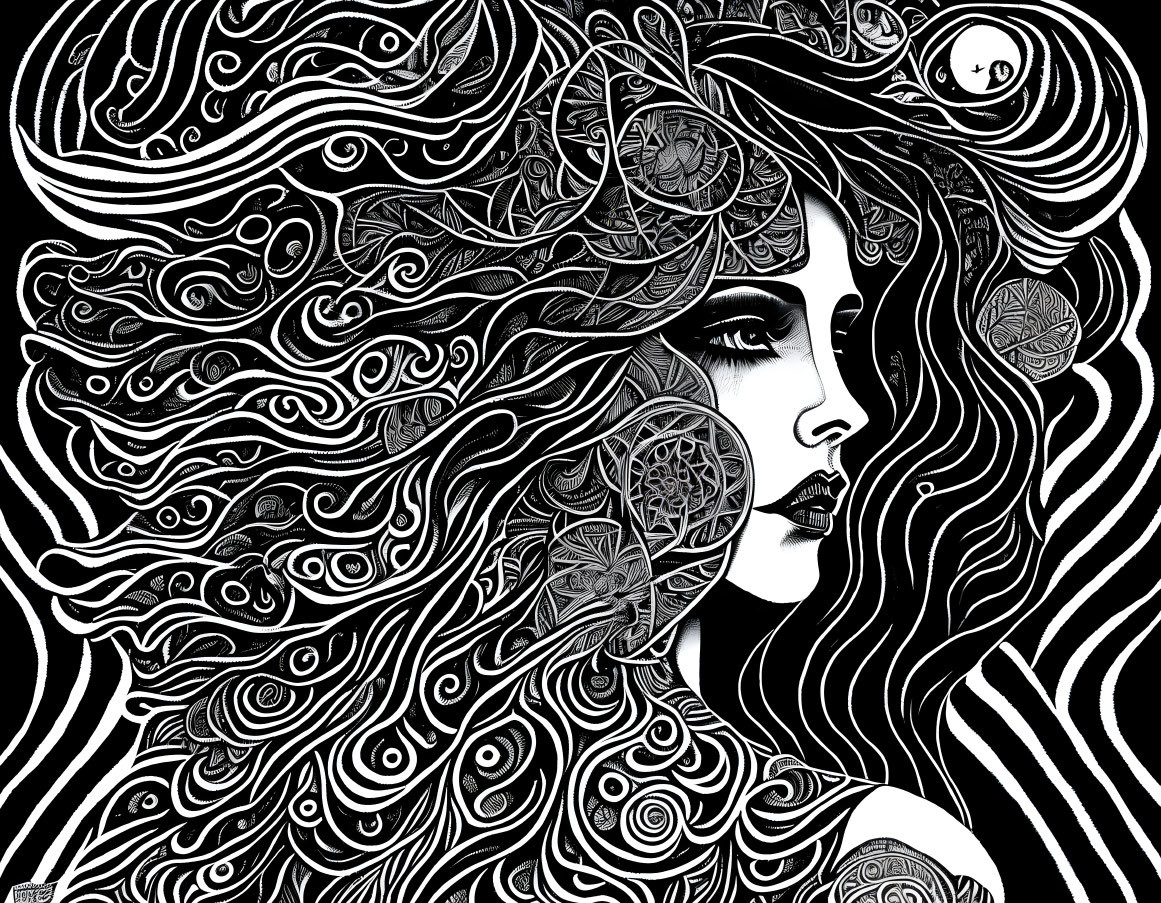 Monochrome illustration of woman with swirling hair patterns and celestial elements on dark background