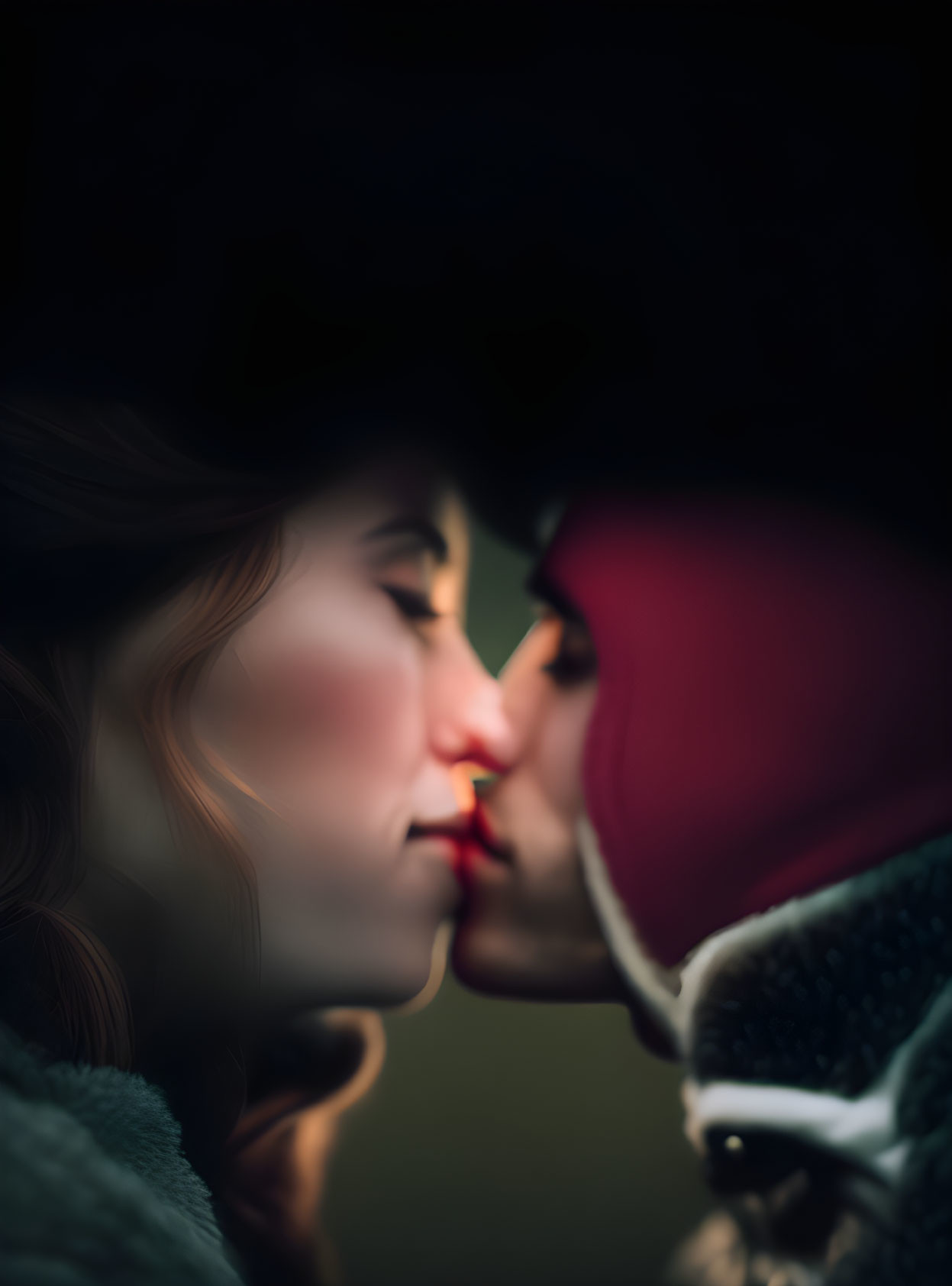 Intimate kiss between two people in warm clothing