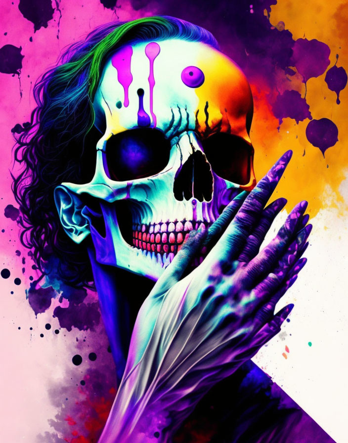 Colorful digital artwork of skull with muscle structure on vibrant backdrop