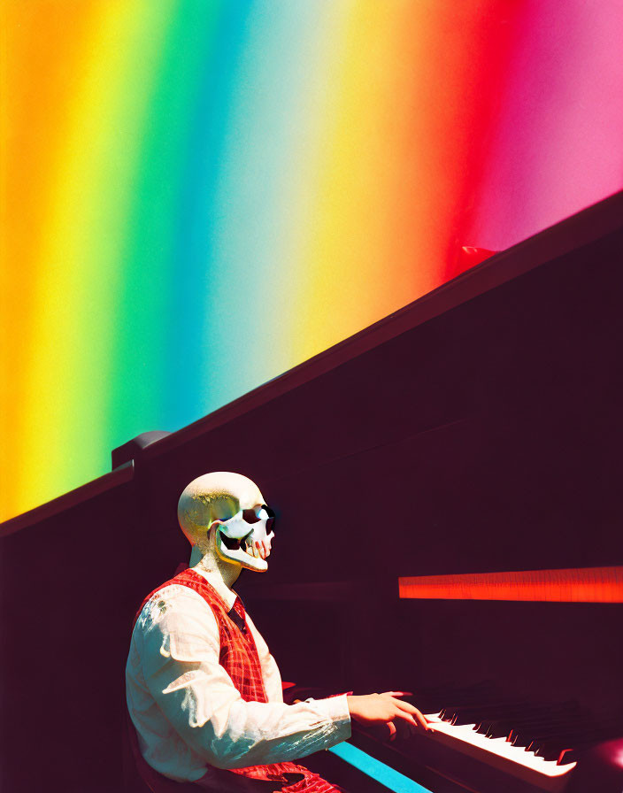 Skull-headed figure playing piano with rainbow background