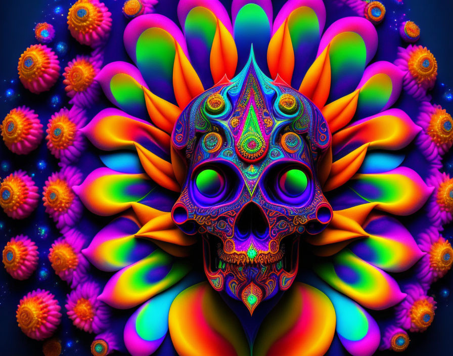 Colorful Digital Artwork: Psychedelic Skull & Abstract Floral Patterns