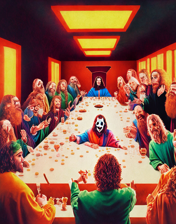 Vibrant reinterpretation of The Last Supper with clown mask centerpiece