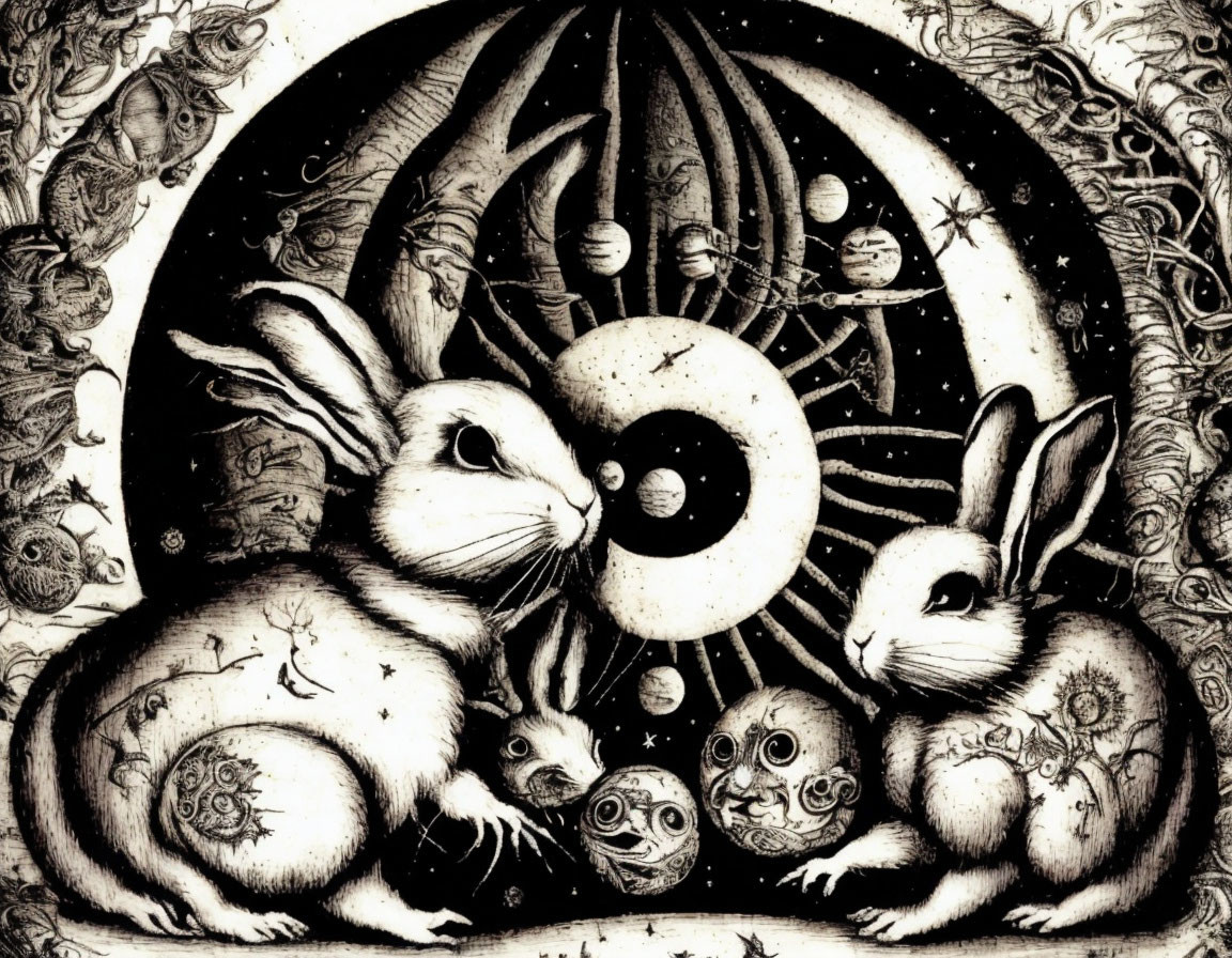 Monochromatic artwork: Two rabbits with cosmic patterns and celestial motifs