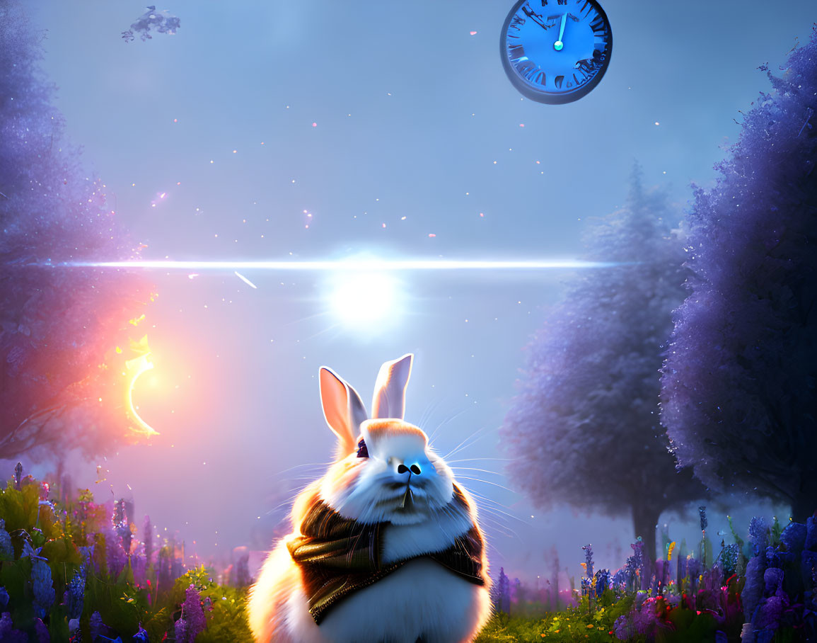 Illustrated rabbit in field with floating clock at magical sunrise