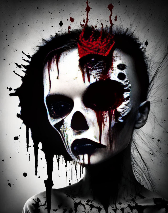 Dark-themed image of person with skull-like face paint and dramatic blackened eyes.