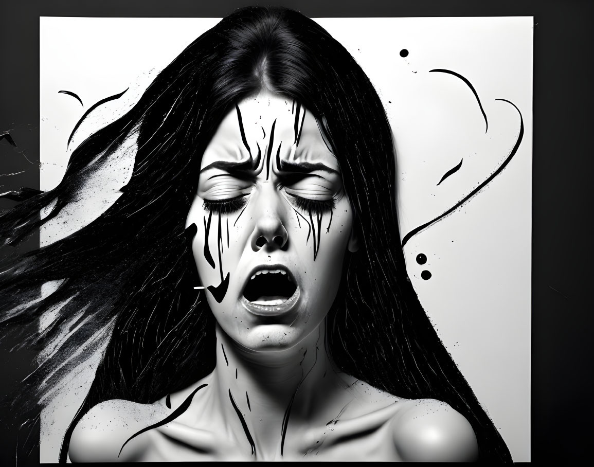 Monochrome illustration of woman with liquid splashes, eyes closed.