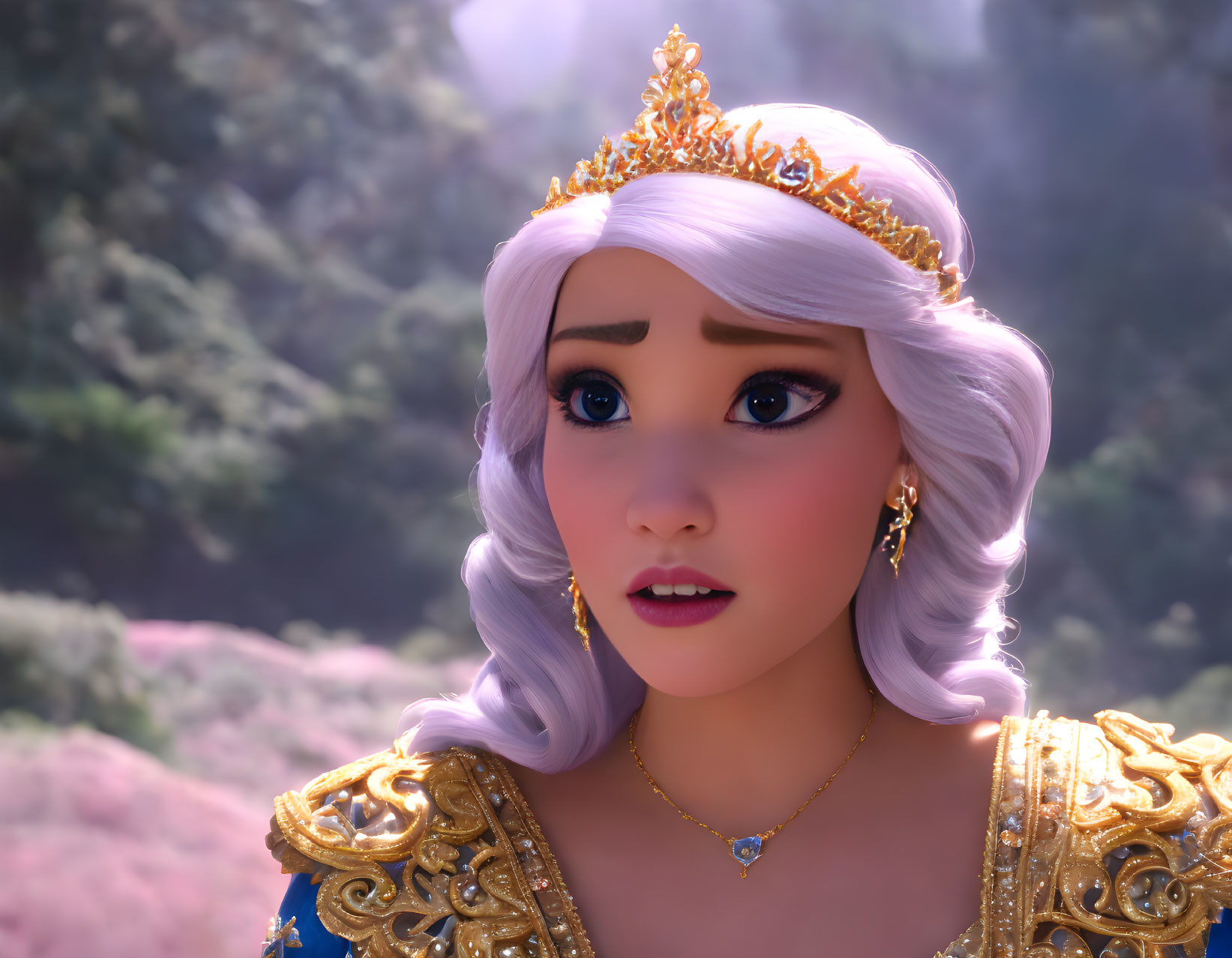 Animated princess with blue eyes, lavender hair, golden crown, and jewelry