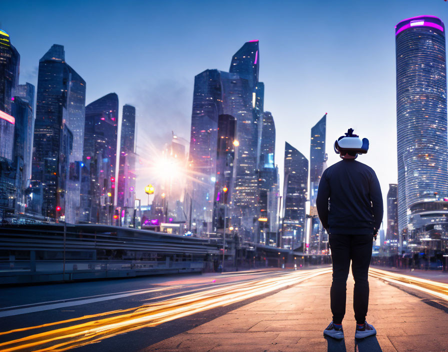 VR headset wearer in cityscape with vibrant lights at twilight