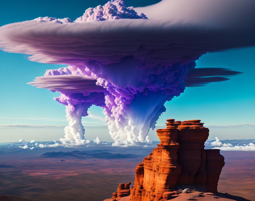 Vivid surreal landscape: towering red rock, purple clouds, cascading formations