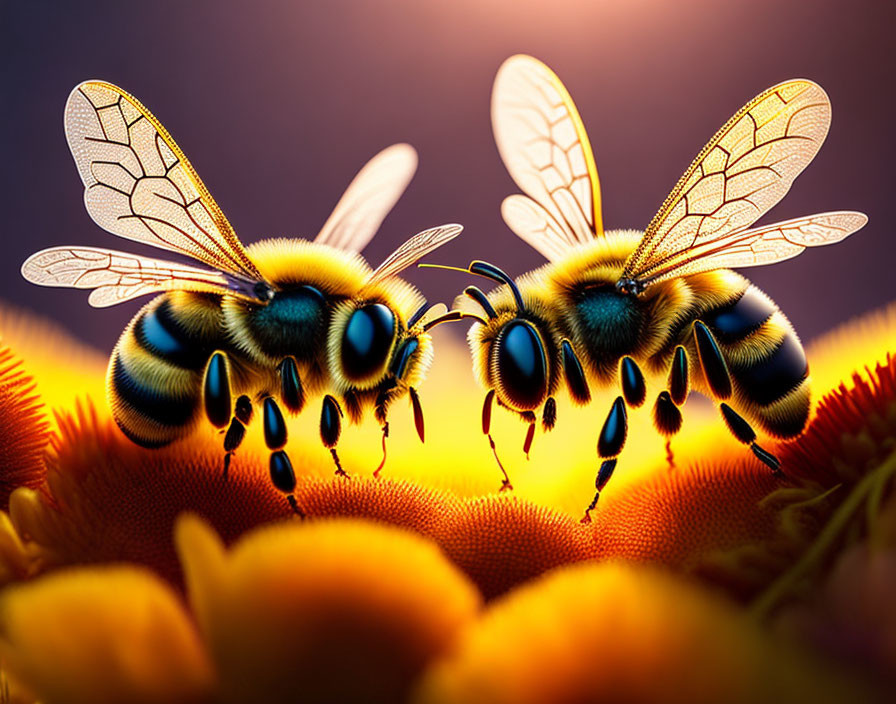 Translucent-winged honeybees on vibrant orange flower with purple background