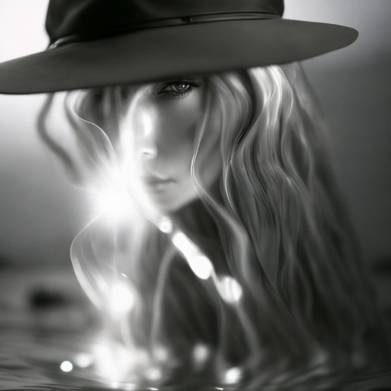 Monochrome portrait of person with flowing hair and wide-brimmed hat.