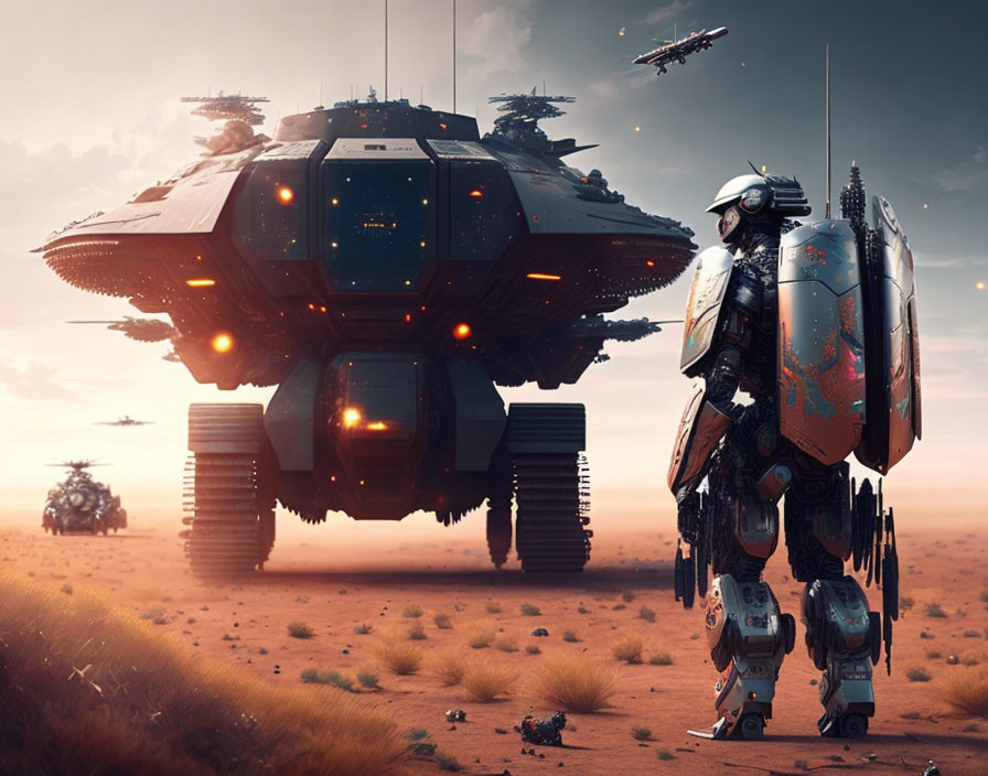 Robotic figure and hovering ships in futuristic desert scene